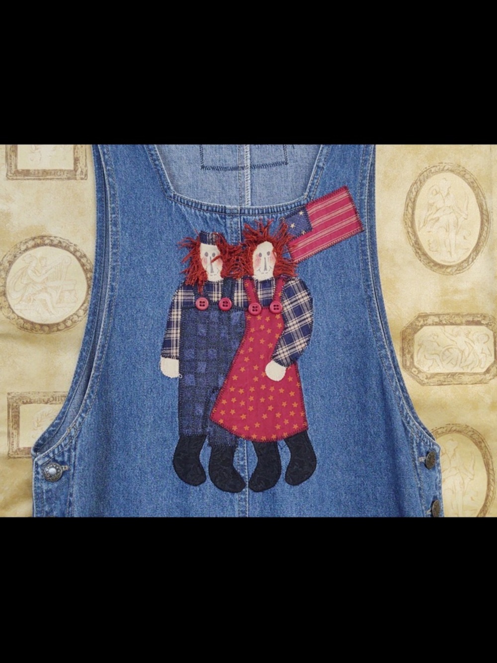 Vintage 90’s Denim Pinafore Jumper with Folk Doll Appliqué - Picture 8 of 8